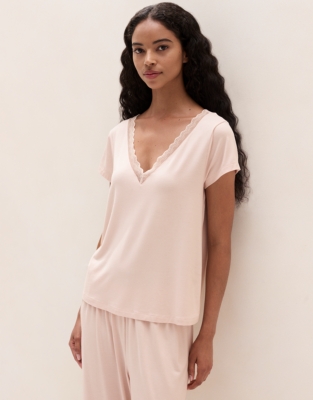 Cooling Jersey V Neck Lace Trim Pyjama Set