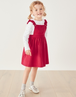 Cord Heart Pocket Pinafore & Frill Collar Top Set (18mths–6yrs