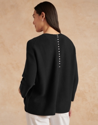 Cotton Button Back Textured Stitch Sweater - Black
