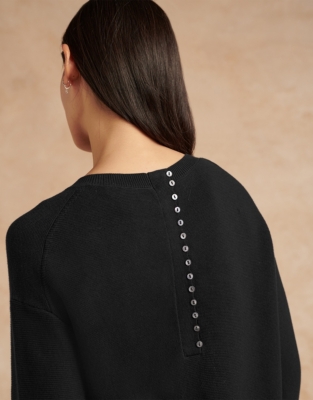 Cotton Button Back Textured Stitch Sweater - Black