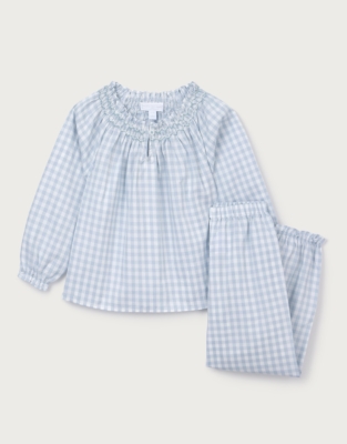 Cotton Relaxed Fit Poplin Mini Gingham Hand Smocked Pyjamas (2–12yrs)