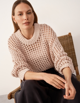Cotton Rib Trim Crochet Sweater
