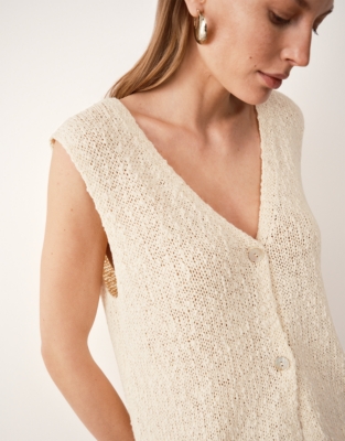 Cotton Rich Button Through Knitted Tank - Eggshell Cotton