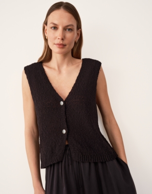 Cotton Rich Button Through Knitted Tank - Black