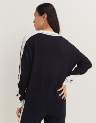 Cotton Rich Contrast Stripe Knitted Sweater - Navy