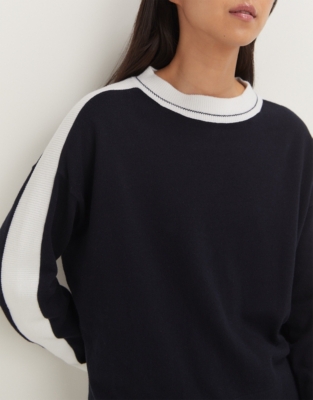 Cotton Rich Contrast Stripe Knitted Sweater - Navy