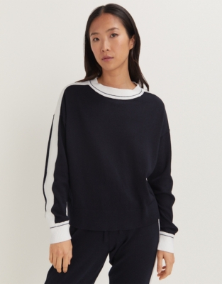 Cotton Rich Contrast Stripe Knitted Sweater - Navy