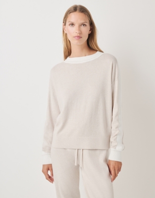 Cotton Rich Contrast Stripe Knitted Sweater - Biscuit