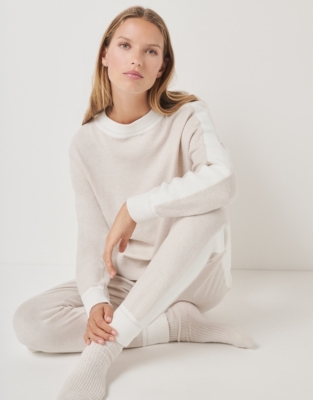 Cotton Rich Contrast Stripe Knitted Sweater - Biscuit