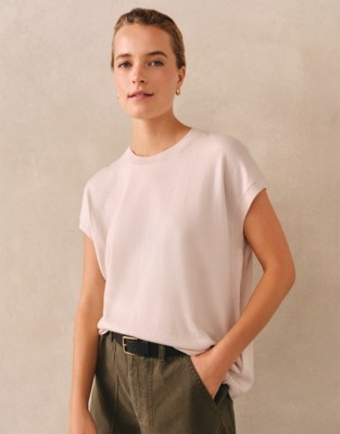 Cotton Rich Extended Shoulder Knitted Tee - Shell Pink