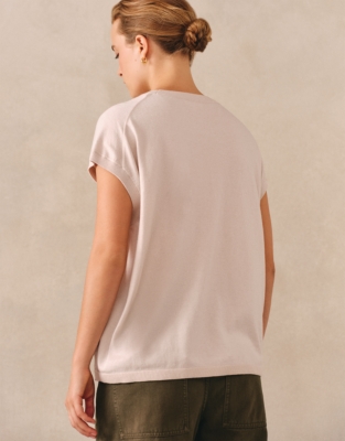 Cotton Rich Extended Shoulder Knitted Tee - Shell Pink