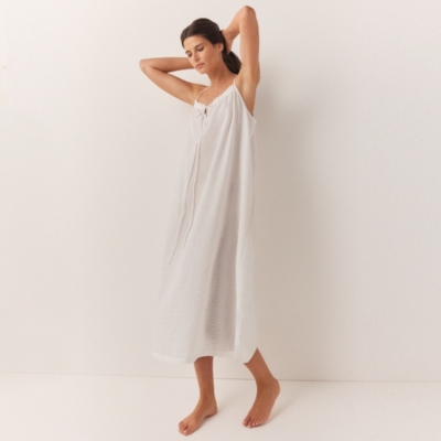 Cotton Seersucker Strappy Midi Nightgown