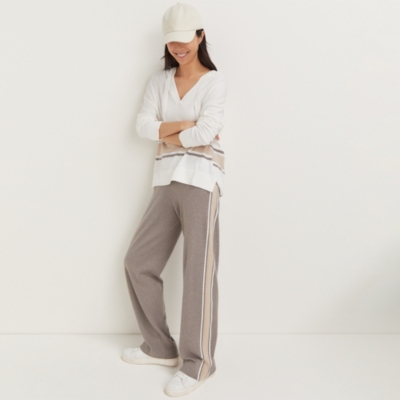 Cotton Silk Side Stripe Knitted Wide Leg Trousers