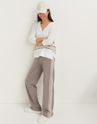 Cotton Silk Side Stripe Knitted Wide Leg Trousers