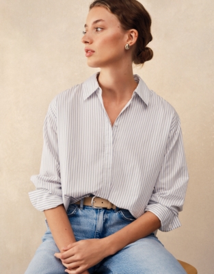 Cotton Stripe Boyfriend Shirt - White/Blue