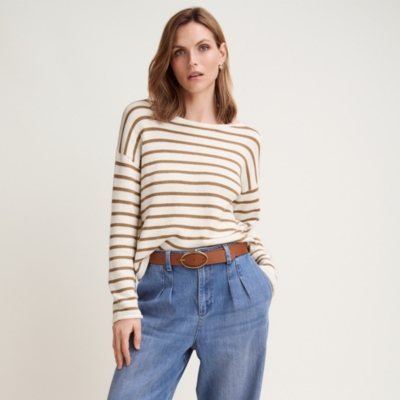Cotton Stripe Wide Sleeve Sweater - Tan