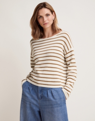 Cotton Stripe Wide Sleeve Sweater - Tan