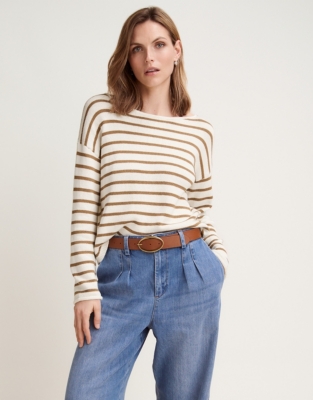 Cotton Stripe Wide Sleeve Sweater - Tan