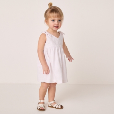 Cotton Striped Seersucker Tie Shoulders Dress (0–24mths)