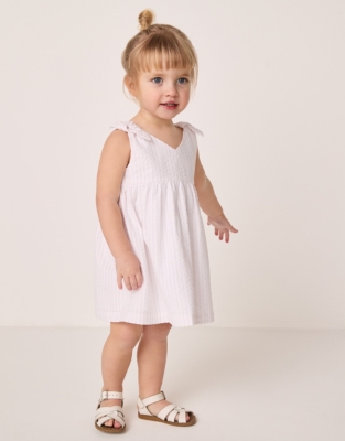 Cotton Striped Seersucker Tie Shoulders Dress (0–24mths)