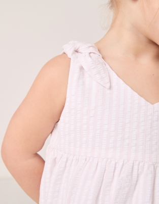 Cotton Striped Seersucker Tie Shoulders Dress (0–24mths)