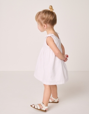 Cotton Striped Seersucker Tie Shoulders Dress (0–24mths)