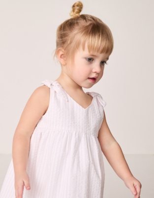 Cotton Striped Seersucker Tie Shoulders Dress (0–24mths)