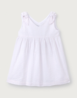 Cotton Striped Seersucker Tie Shoulders Dress (0–24mths)