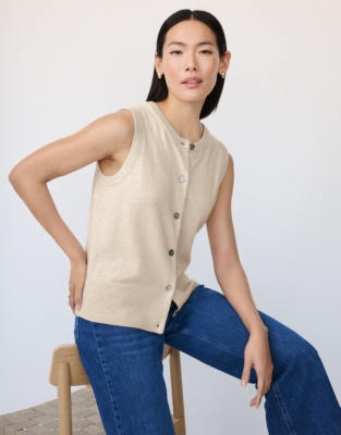 Crew Neck Button Through Knitted Tank with Cashmere