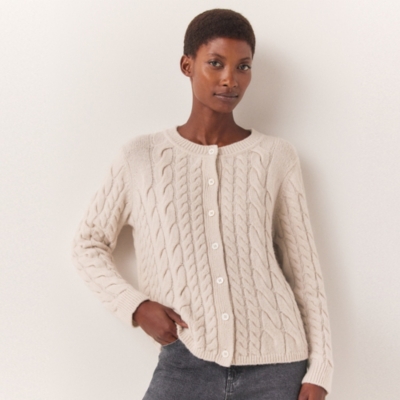 Crew Neck Cable Cardigan with Alpaca