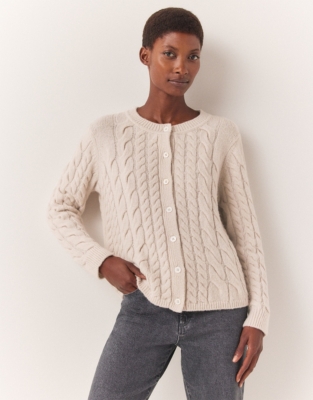 Crew Neck Cable Cardigan with Alpaca