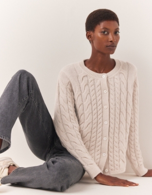 Crew Neck Cable Cardigan with Alpaca