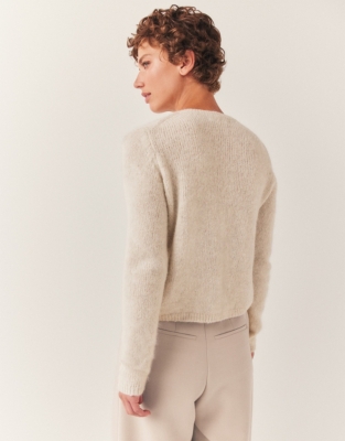 Crew Neck Rib Trim Cardigan with Alpaca