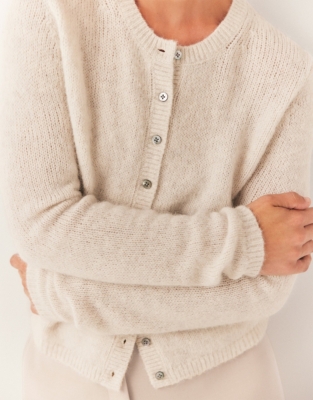 Crew Neck Rib Trim Cardigan with Alpaca