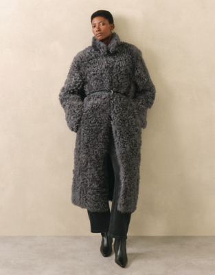 Curly Sheepskin Long Coat - Graphite