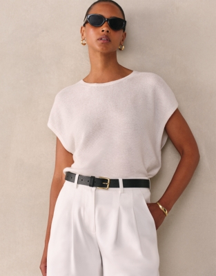 Curved Hem Knitted Tank with Cashmere - Lait