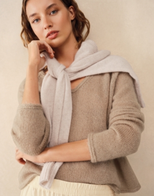 Deep V Neck Jumper with Mohair - Fawn