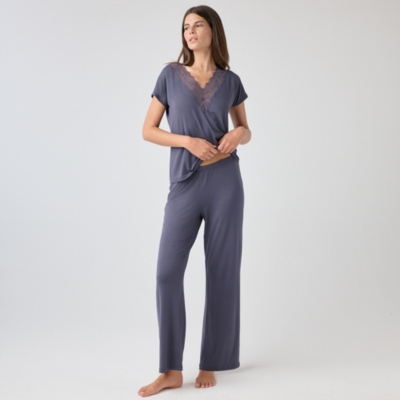 Deep V-Neck Lace Jersey Pajama Set