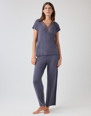 Deep V-Neck Lace Jersey Pajama Set