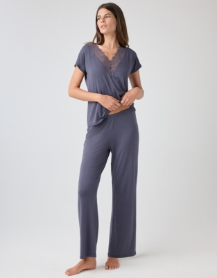 Deep V Neck Lace Jersey Pajama Set