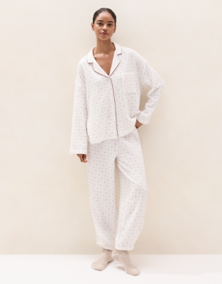 Double-Cotton Cross-Stitch Print Dropped Shoulder Pyjama Set