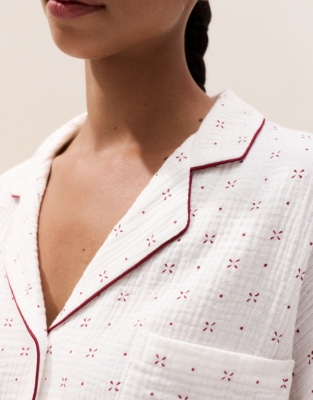 Double-Cotton Cross-Stitch Print Dropped Shoulder Pyjama Set