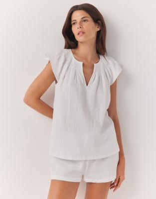 Double Cotton Smocked Short Pajama Set - White