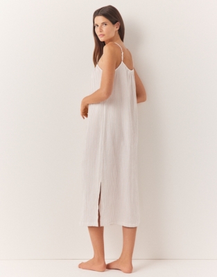 Double Cotton Smocked Stripe Midi Nightgown