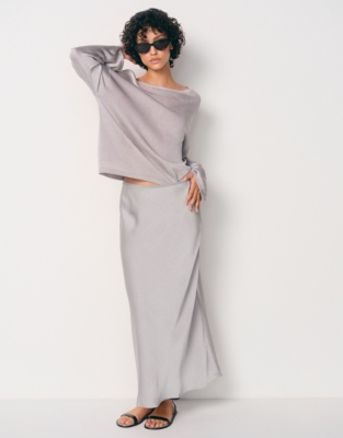 Double Satin Bias Midi Skirt - Silver