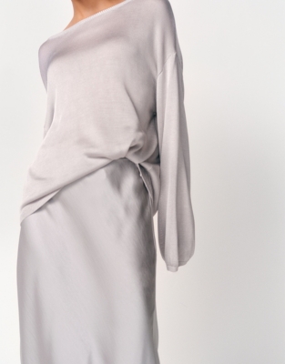 Double Satin Bias Midi Skirt - Silver