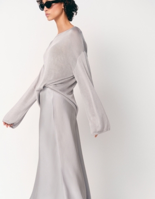 Double Satin Bias Midi Skirt - Silver