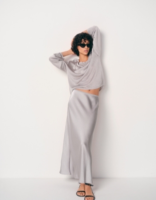 Double Satin Bias Midi Skirt - Silver