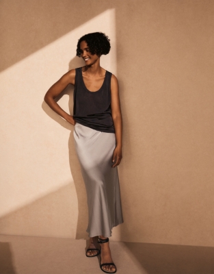Double Satin Bias Midi Skirt - Silver