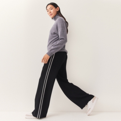 Drawstring Waist Crepe Side Stripe Wide Leg Pants